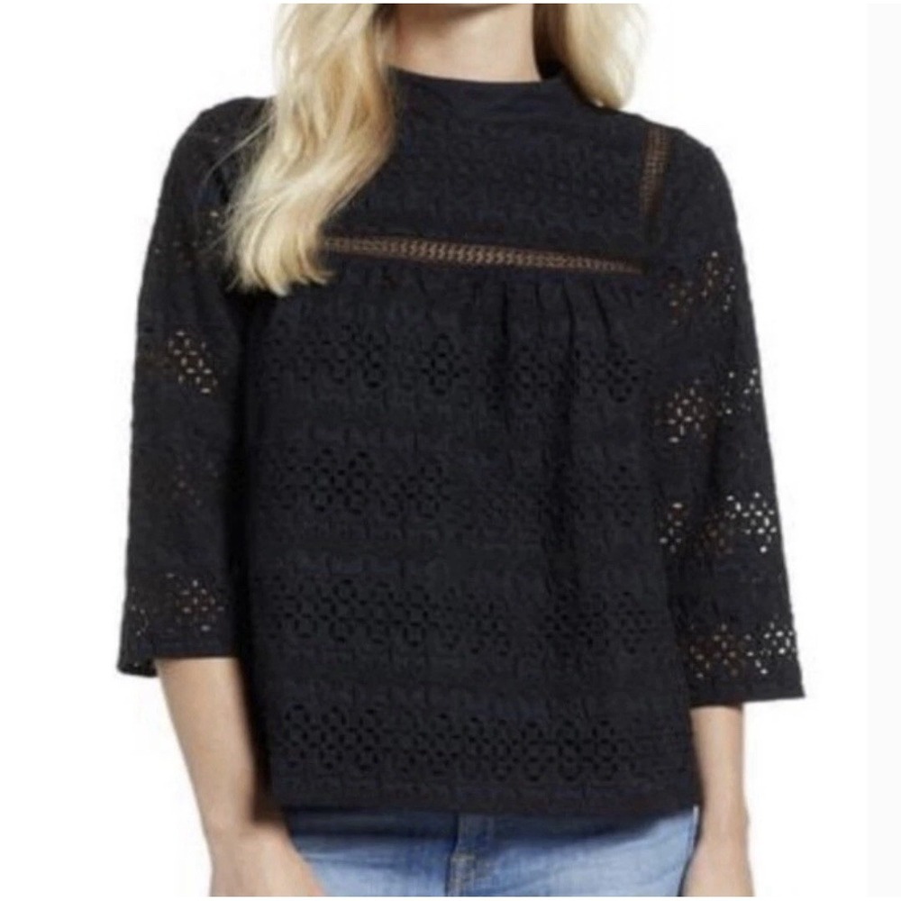 Vineyard Vines Women's Black Mockneck Eyelet Top 3/4 Sleeves Size 4